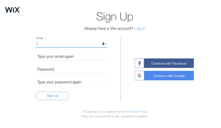 Person signing up for a Wix account on a computer, entering email and password information during the registration process.