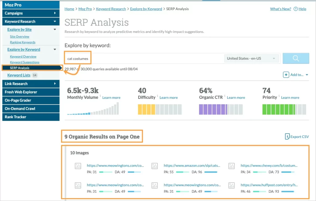 An individual using Moz Keyword Explorer to conduct in-depth keyword research. The user is exploring relevant keywords to optimize content and improve the website's search engine visibility. The Moz interface displays search volume, keyword difficulty, and potential ranking opportunities, making the process of keyword analysis straightforward and effective for enhancing SEO strategies.