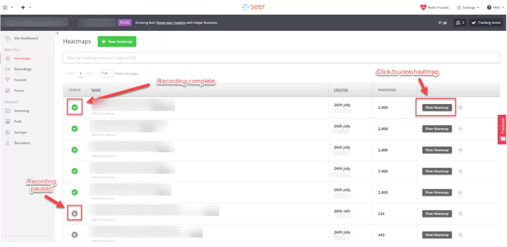 A screenshot demonstrating the process of setting up heatmaps using Hotjar Analytics on a website dashboard.