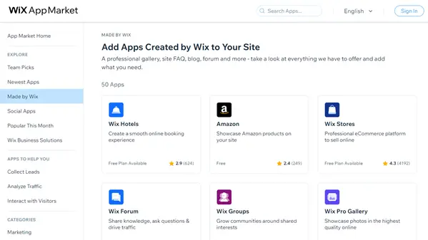 A screenshot showcasing the diverse offerings in Wix's App Market, providing users with a range of tools to enhance their website functionality seamlessly.