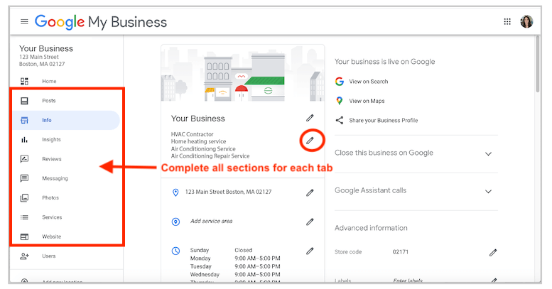  A computer screen displaying the Google My Business dashboard with highlighted fields for business information optimization, showcasing the steps to enhance the profile for better online visibility.