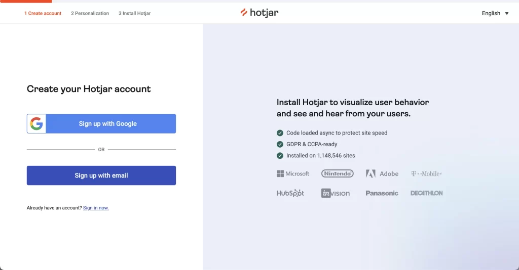 Image: A computer screen displaying the Hotjar sign-up process with a cursor clicking on the 'Sign Up' button.