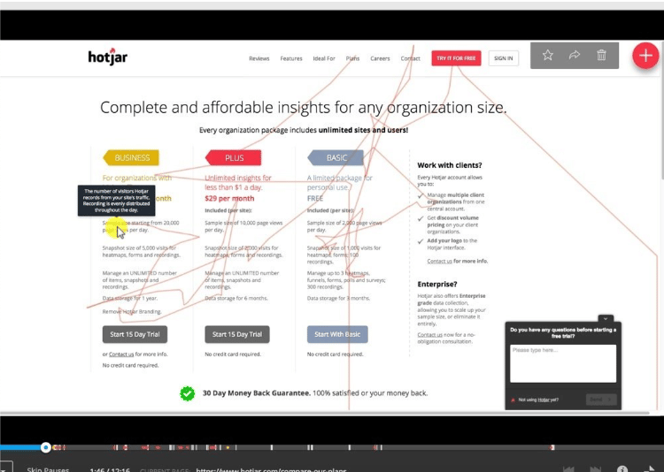 A screenshot of Hotjar Analytics dashboard displaying recorded user sessions, providing valuable insights into website interactions.