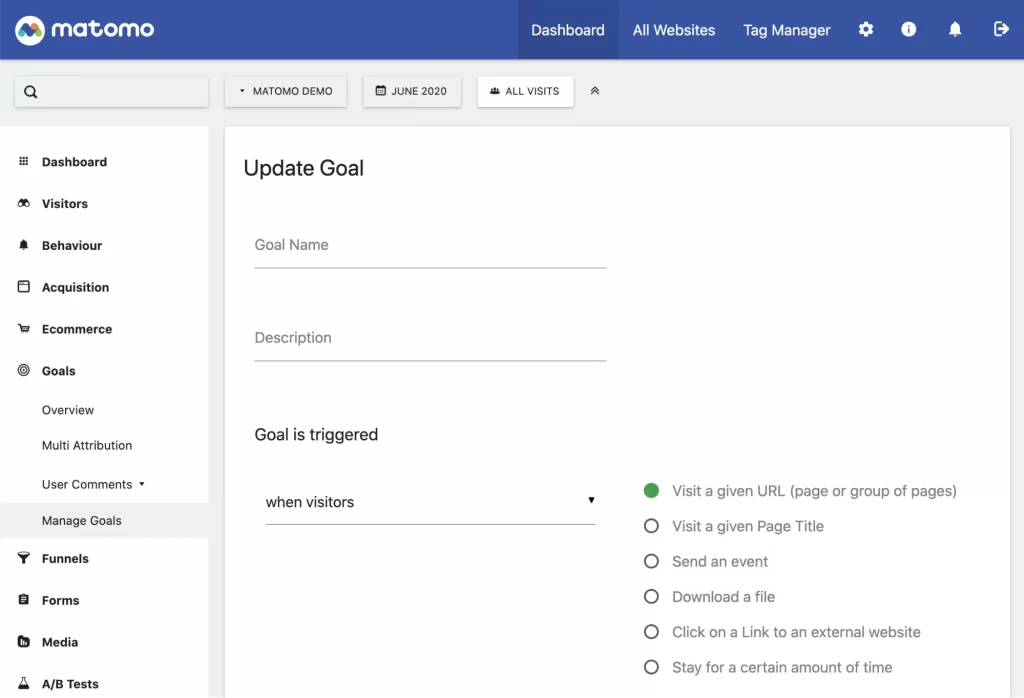  A person configuring goals in Matomo web analytics to optimize website performance and track user interactions.