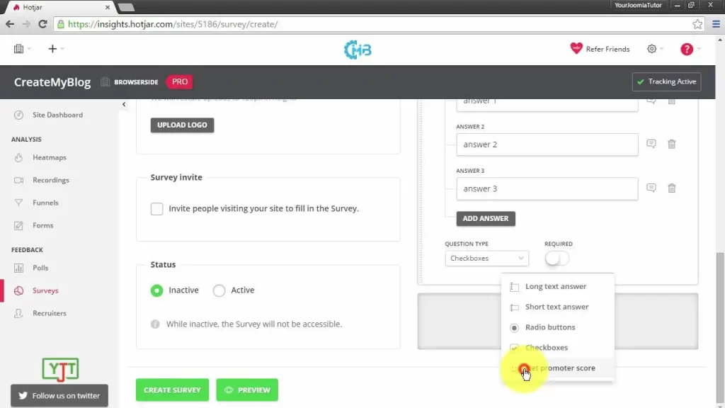 Person using a computer to create surveys on Hotjar platform for insightful user feedback and analysis.