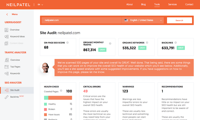 Ubersuggest Site Audit interface displaying a detailed overview of on-page SEO, speed, and critical factors. The report highlights issues such as broken links, missing meta tags, and other SEO-related issues. Users can input their website URL, review the comprehensive audit findings, and implement recommended changes to enhance the website's overall health and performance.