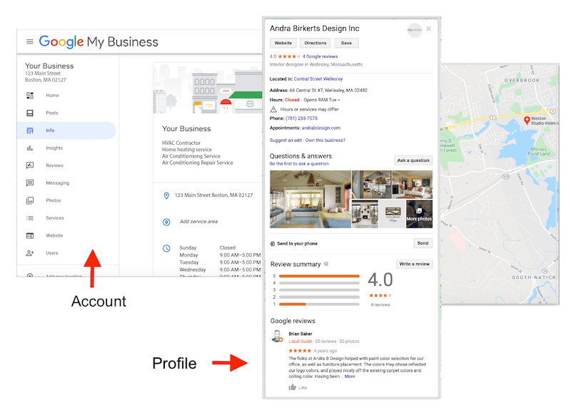 A screenshot of a Google My Business profile page on a computer monitor, displaying accurate business information such as the business name, address, phone number, and website details.