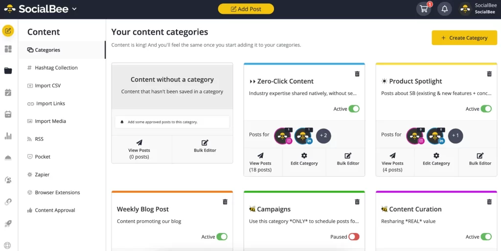 socialBee create your content categories